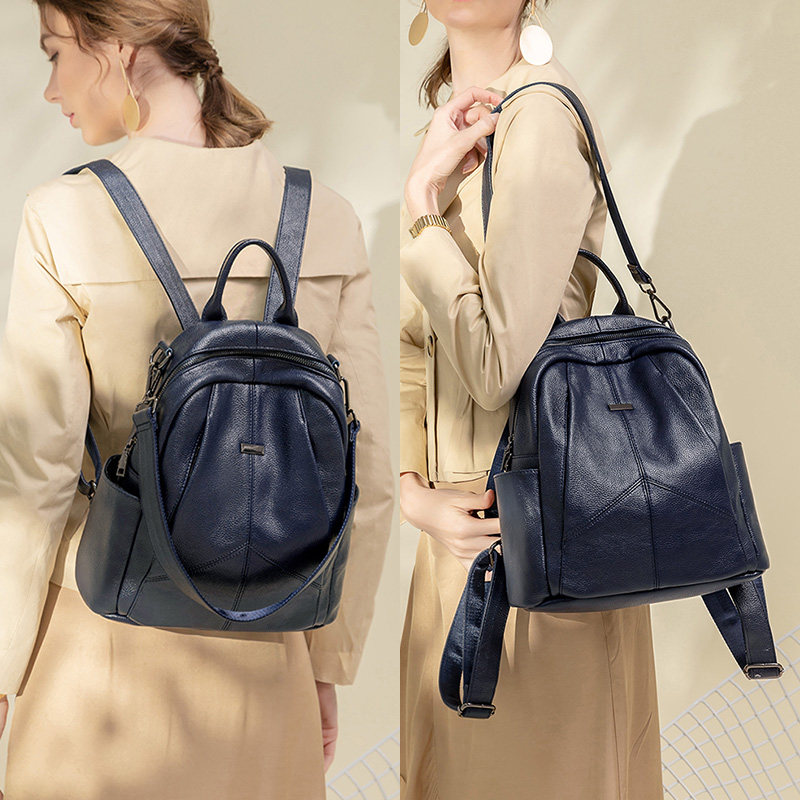 双肩包女2025新款休闲大容量旅行包韩版软皮简约百搭时尚蓝色背包