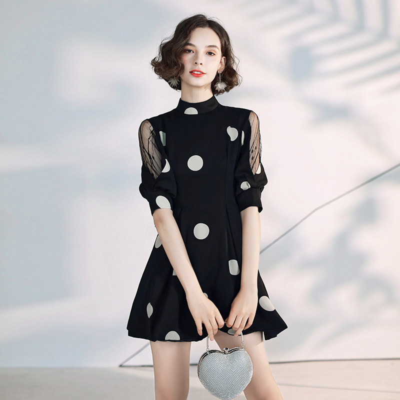 平时可穿宴会小个子晚礼服短款黑色学生仙女系大码波点气质连衣裙