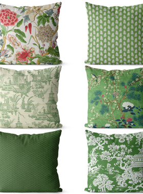 中式花鸟几何绿色图案双面棉麻抱枕沙发靠垫床头大靠背腰枕套定制