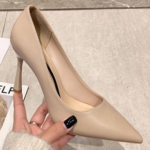 百搭黑色尖头职业单鞋 舒适高跟鞋 时尚 新款 细跟9cm 女软皮2022春季
