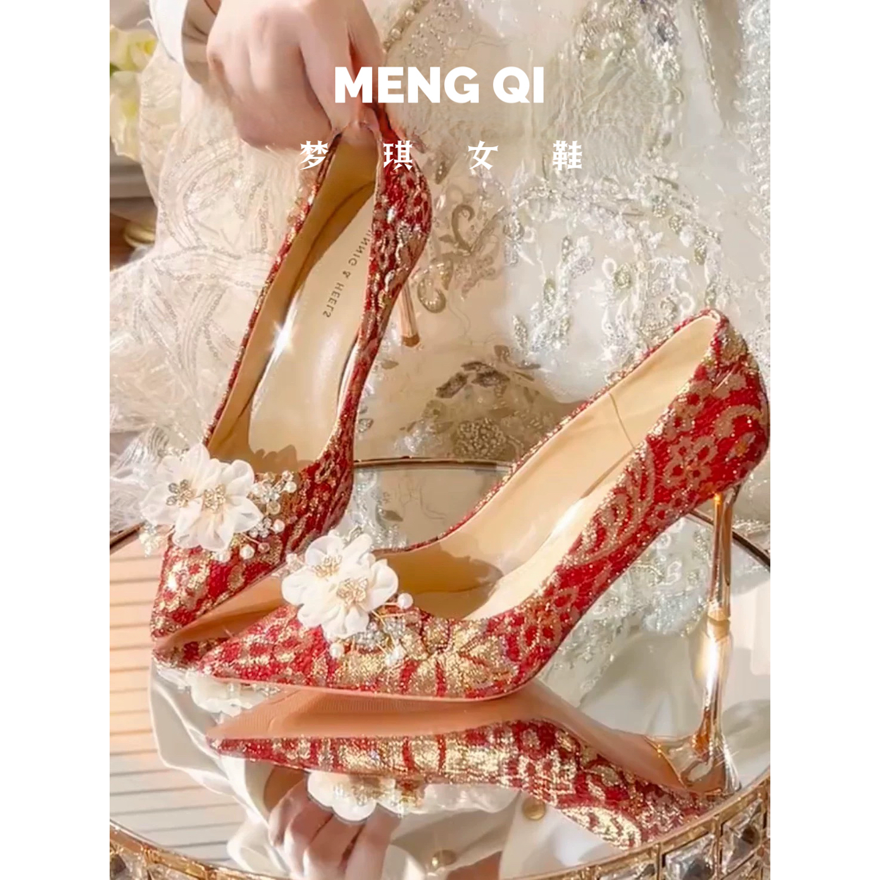 新款绝美秀禾服婚鞋女中式红色新娘宴会敬酒高跟鞋花朵细跟高跟鞋