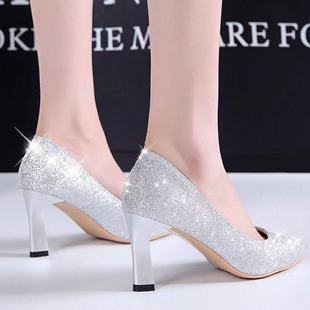 晚礼服水晶亮片高跟鞋 粗跟9cm尖头显瘦气质伴娘晚会年 女公主单鞋