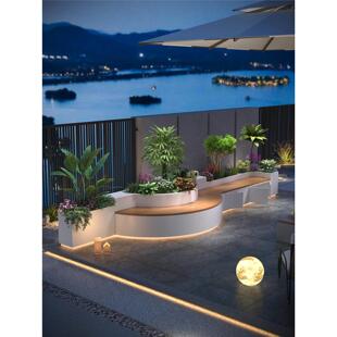 弧形异形不锈钢花箱坐凳组合庭院户外金属铁艺成品花池种植箱定制