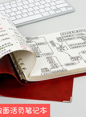 B5横款思维导图活页本手账本可拆卸笔记本子阅读笔记加厚5mm网格方格本A4大号康奈尔5r软皮面日计划本子