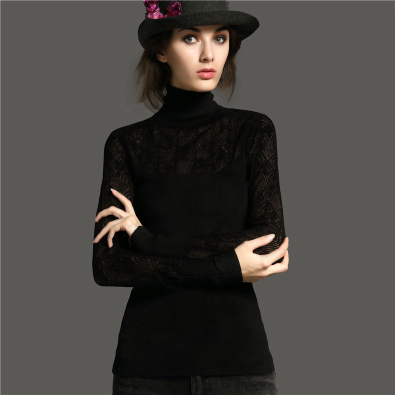 秋冬打底衫套头高领镂空紧身羊毛衫 百搭纯色时尚毛衣洋气女上衣
