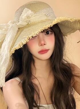 大帽檐蕾丝蝴蝶结草帽女度假海边