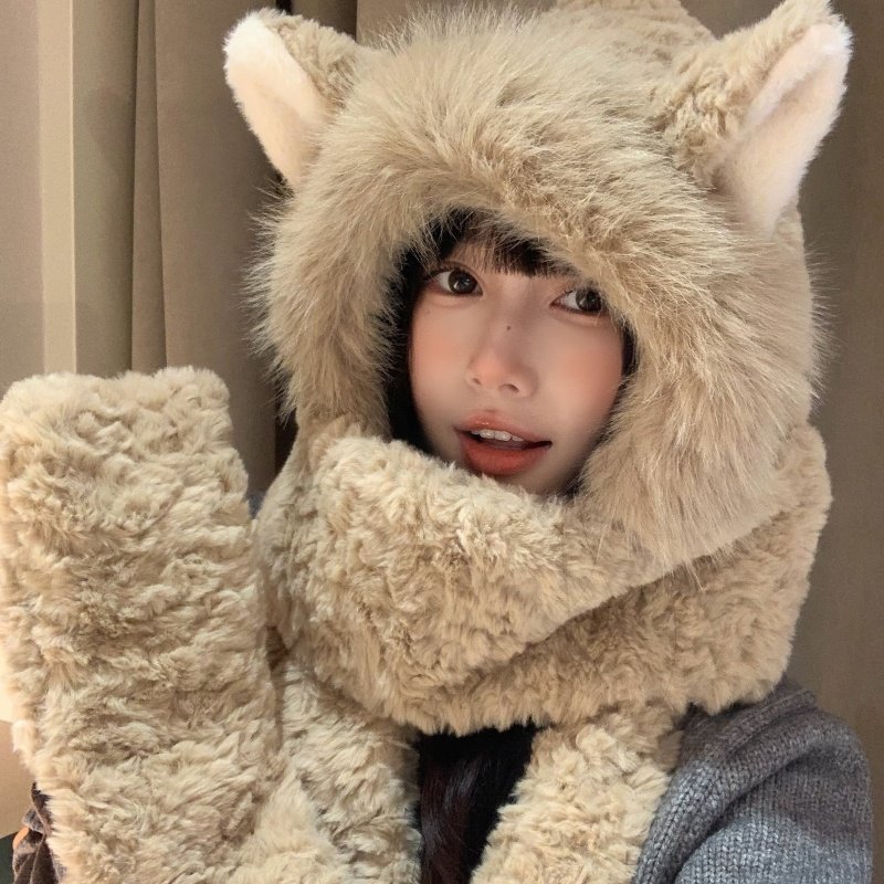 加厚可爱毛绒帽子围巾手套一体连帽女冬季围脖保暖防寒骑车三件套