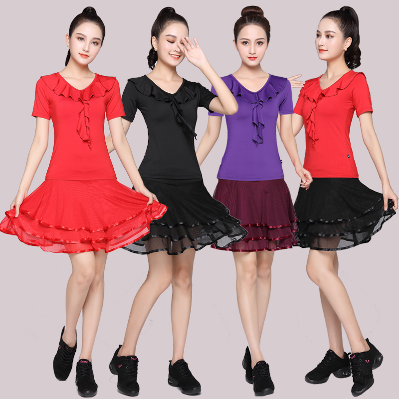 春夏广场舞服装新款套装女舞蹈服短袖上衣拉丁舞练功服网纱裙大码