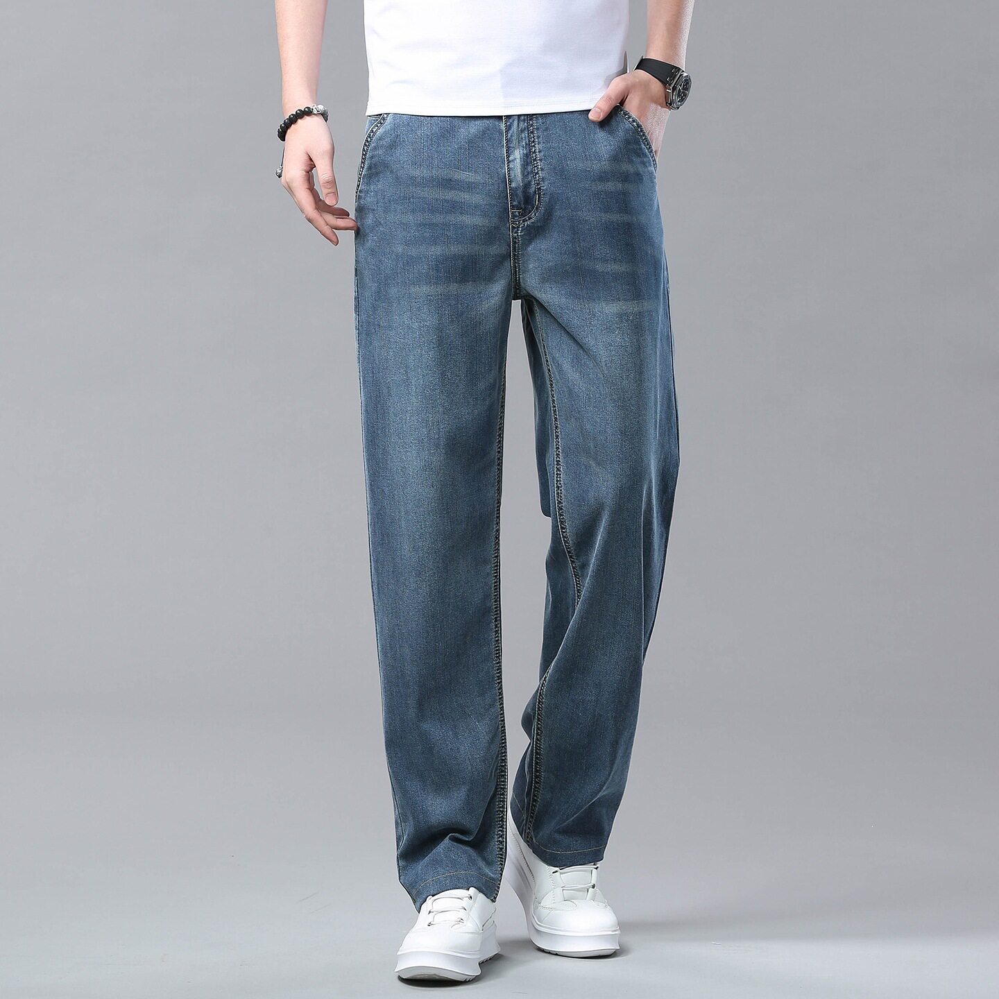 青年春夏冰丝男裤商务宽松2026长裤薄款高腰裤超薄牛仔裤男棉
