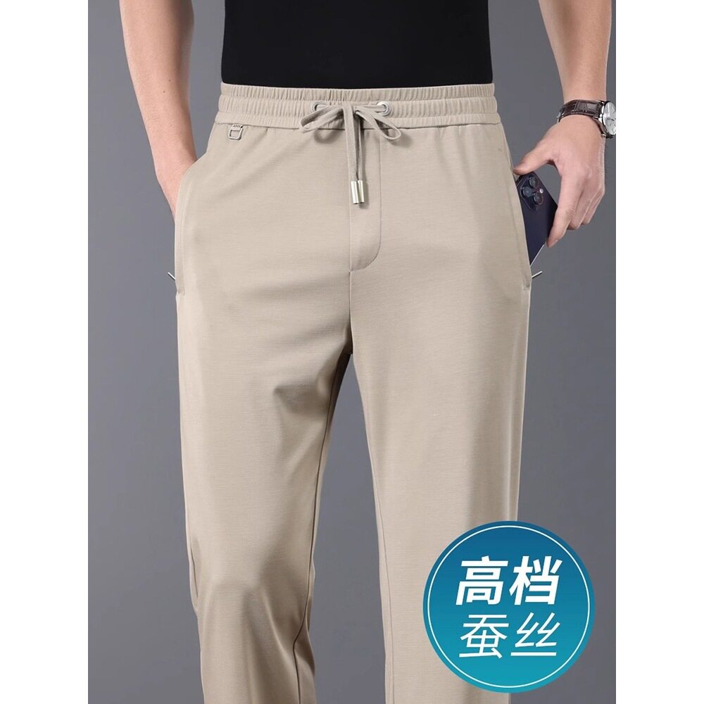 香港夏季薄款蚕丝休闲裤男宽松直筒中年抗皱运动长裤子