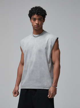 275G重磅蜡染做旧洗水纯色坎肩背心潮牌高街INS宽松运动无袖T恤男