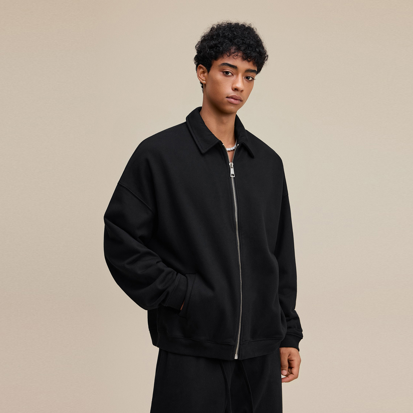 445G重磅抓绒翻领开衫卫衣外套男