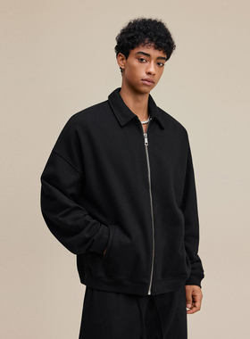 美式潮牌445G重磅抓绒翻领开衫卫衣宽松纯色高级感简约夹克外套男