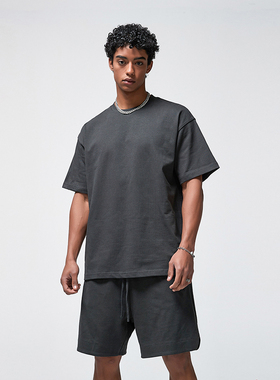 305G重磅纯棉T恤男美式潮牌小领口纯色打底短袖百搭宽松简约上衣