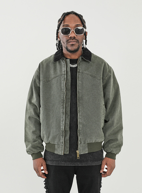 美式高街Cleanfit短款外套潮牌水洗做旧翻领工装夹克加绒加厚棉衣