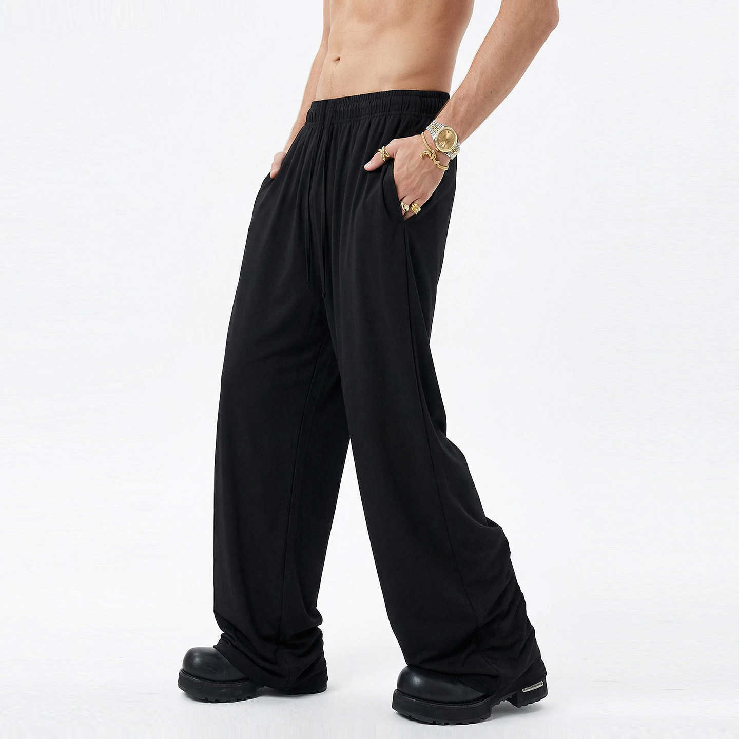 美式街头纯色高弹慵懒宽松直筒休闲裤潮牌运动卫裤阔腿垂感长裤男