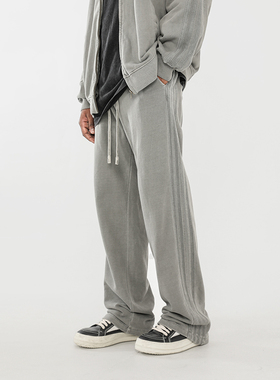 450G重磅水洗做旧直筒卫裤男潮牌美式高街条纹垂感宽松运动休闲裤