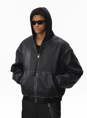 复古街头做旧水洗PU皮夹克男女美式潮牌宽松boxy痞帅皮衣连帽外套