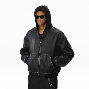 复古街头做旧水洗PU皮夹克男女美式 潮牌宽松boxy痞帅皮衣连帽外套