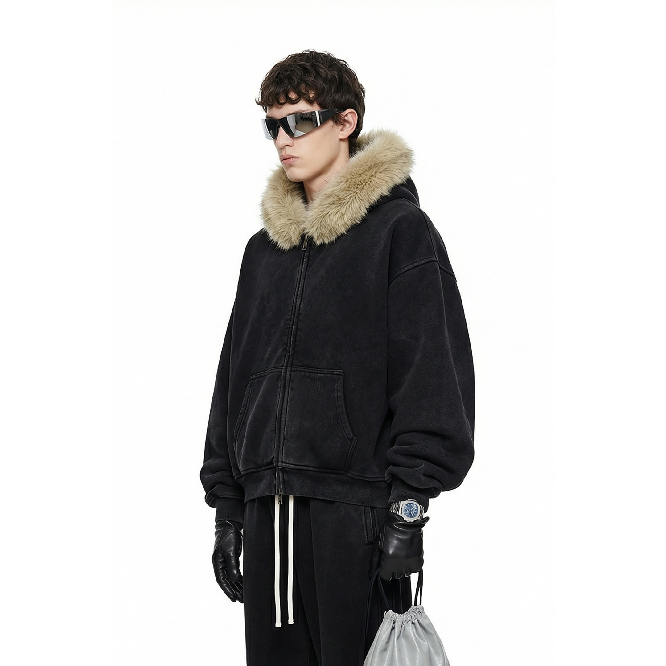 美式复古水洗毛领连帽卫衣男潮牌小众高级感短款宽松拉链开衫外套