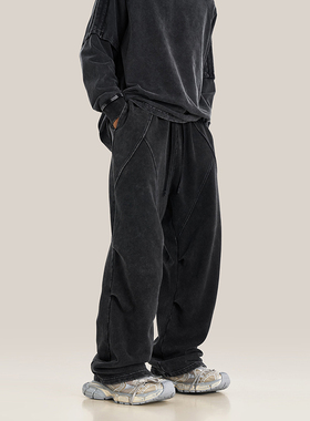 370G重磅毛圈卫裤基础款宽松休闲裤男潮牌高街设计感拼接直筒长裤