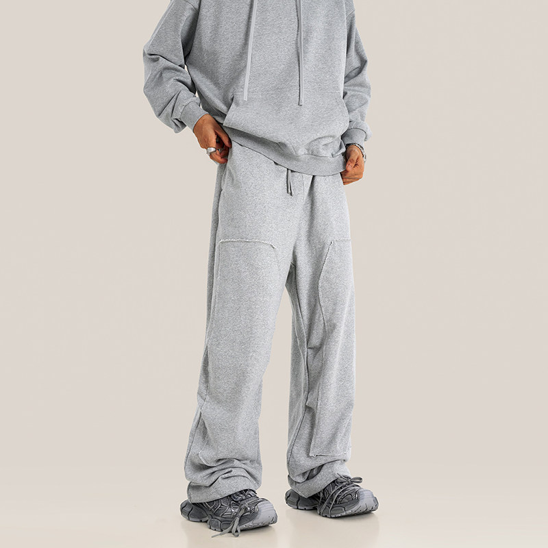 400G重磅毛圈水洗拼接直筒卫裤男宽松垂感长裤潮牌美式高街休闲裤