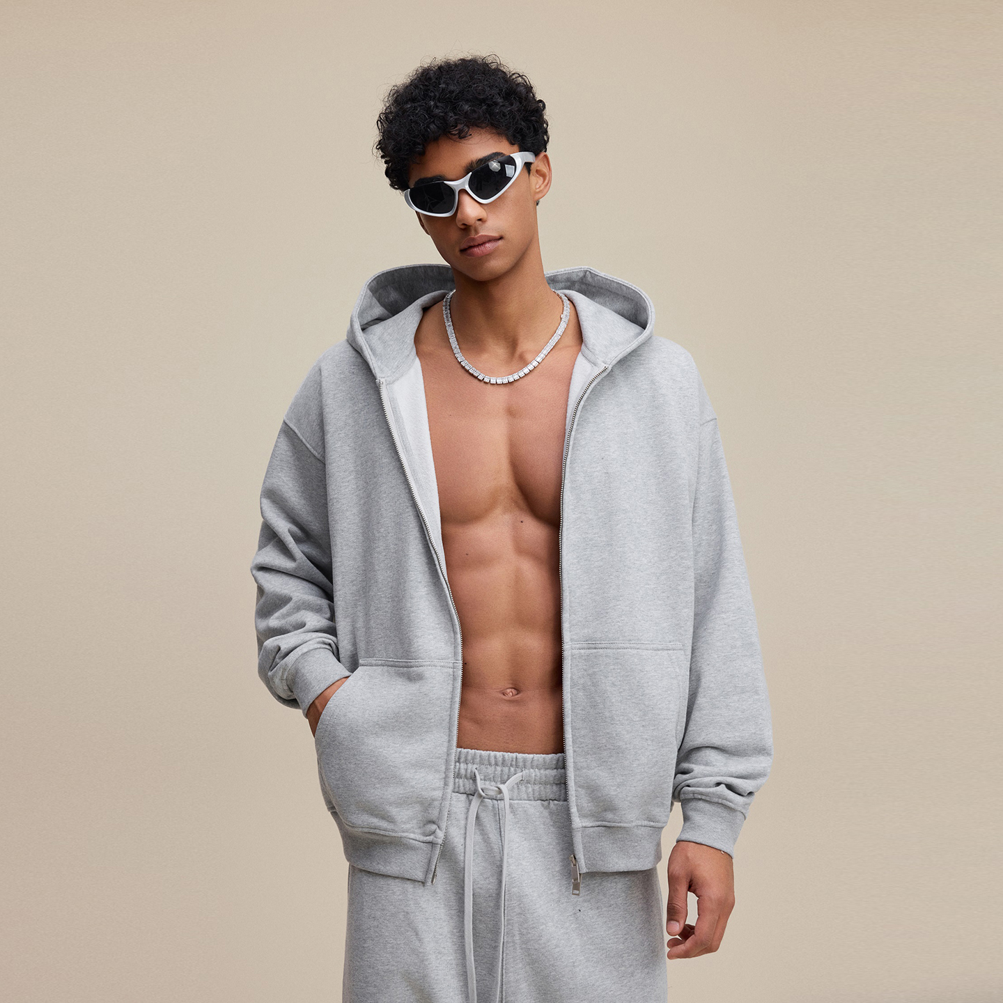 445G重磅双头拉链连帽开衫卫衣男