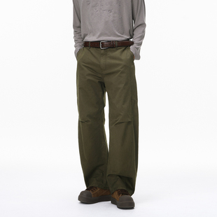 美式复古褶皱弯刀廓形工装裤男潮牌宽松直筒纯棉百搭阔腿休闲裤子