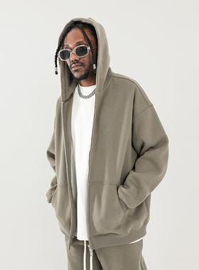 350G重磅加绒连帽卫衣男潮牌KANYE高街纯色宽松拉链开衫上衣秋冬