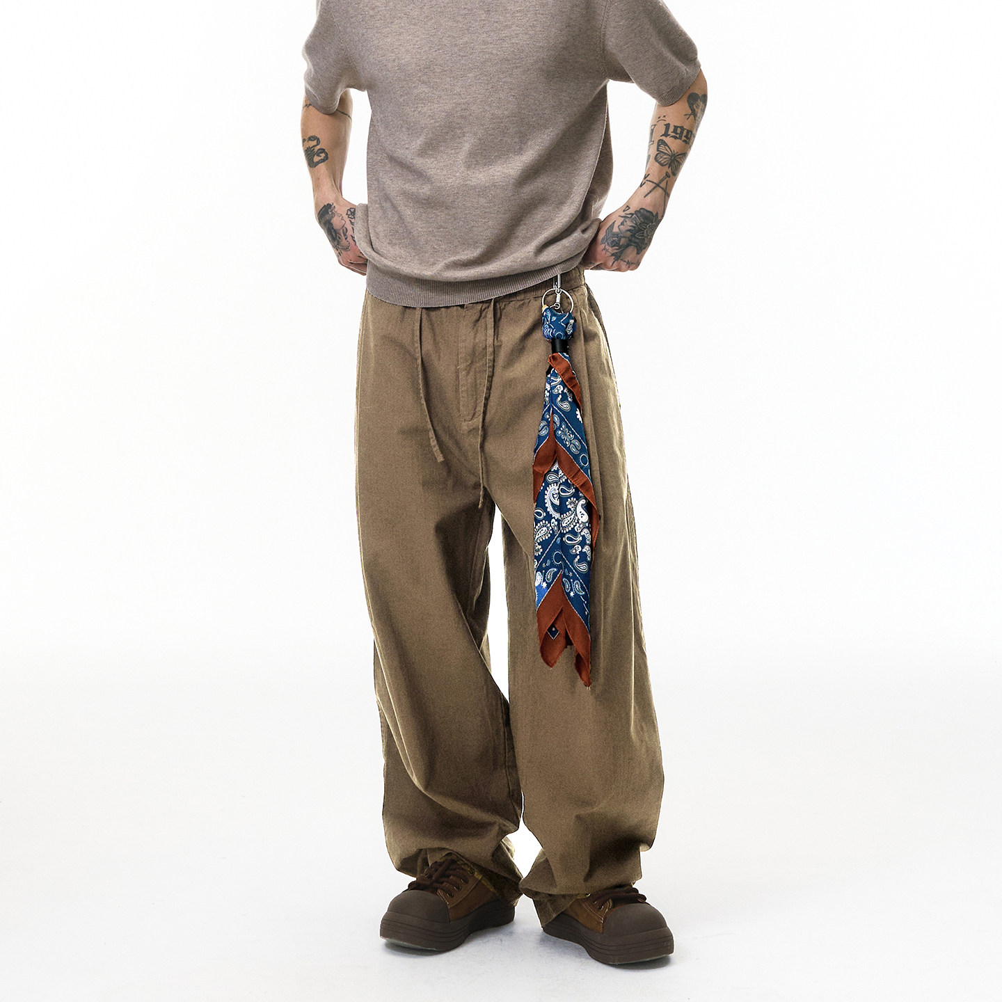 美式老钱风纯棉亚麻阔腿休闲裤男