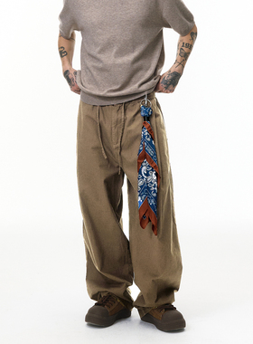 美式复古微弯刀亚麻阔腿裤男老钱风纯棉休闲裤宽松透气直筒长裤子