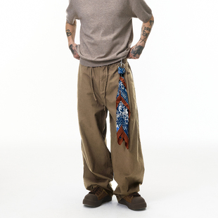 美式复古微弯刀亚麻阔腿裤男老钱风纯棉休闲裤宽松透气直筒长裤子