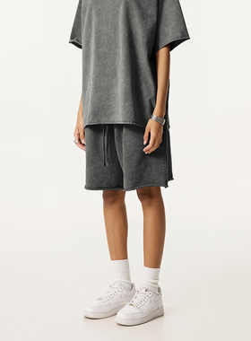 美式复古水洗纯色做旧卷边宽松短裤男潮牌侃爷高街休闲运动五分裤