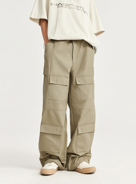 多口袋机能工装裤男潮牌美式街头伞兵裤宽松休闲裤阔腿直筒长裤子