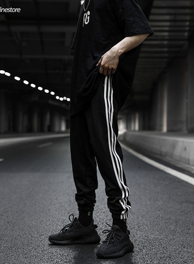 INS潮牌三条杠高街嘻哈束脚休闲运动裤男街舞校服裤侃爷椰子神裤