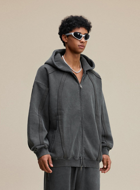 360G重磅加绒双拉链连帽卫衣男美式复古做旧水洗宽松休闲开衫外套