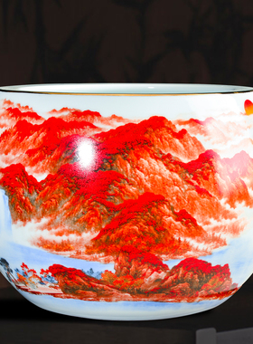 景德镇陶瓷器鸿运当头聚宝盆摆件中式家居饰品客厅玄关养鱼缸摆件