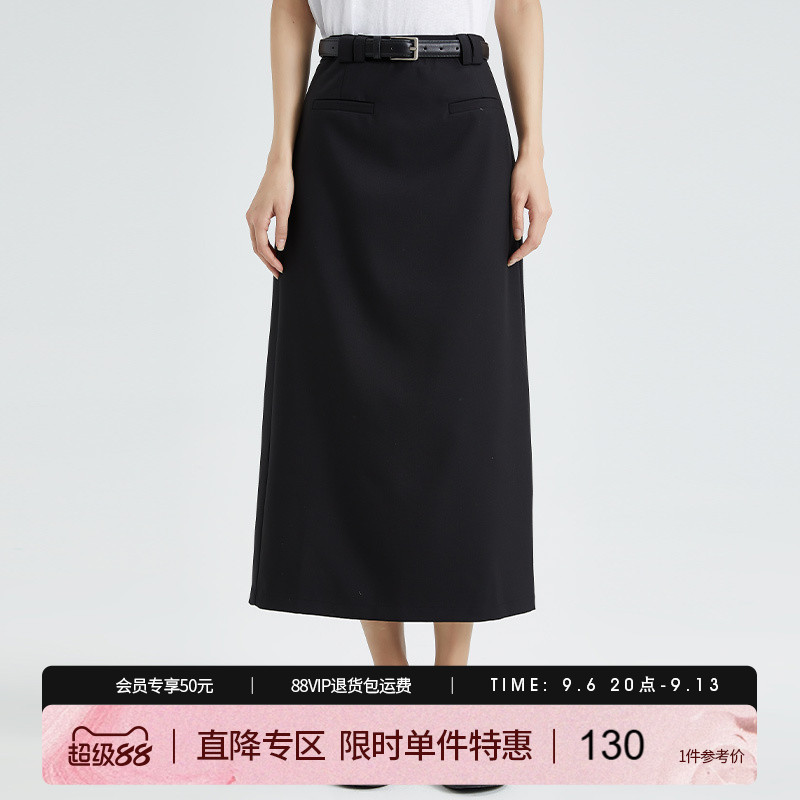 气质长款高腰黑色半身裙女图片