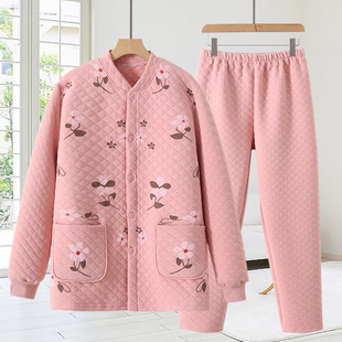 中老年保暖内衣女大码纯棉开衫老人睡衣家居服套装妈妈夹棉保暖衣