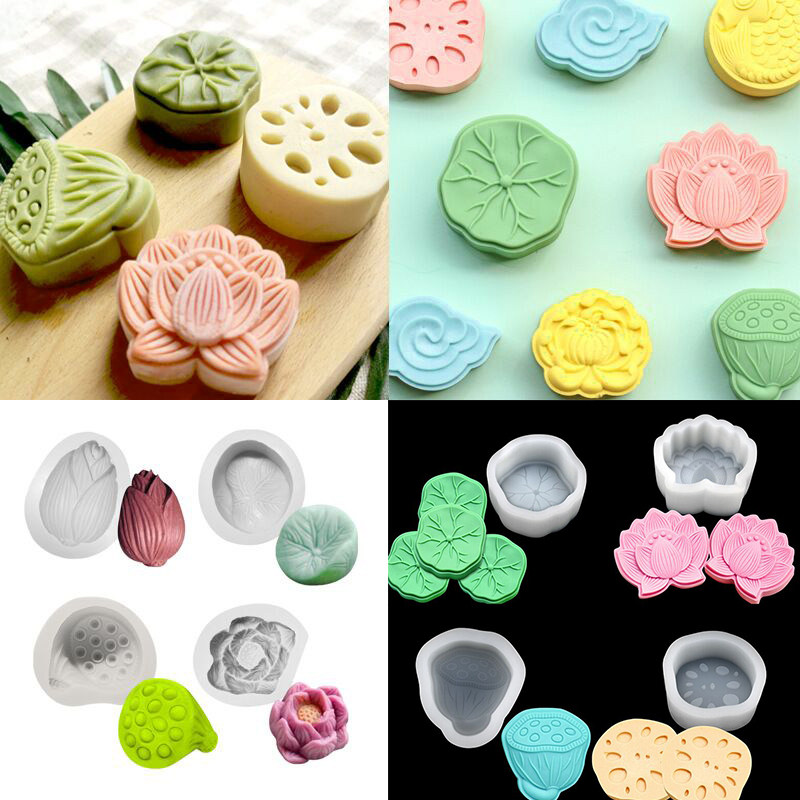 中秋节荷花荷叶莲藕翻糖硅胶模具DIY莲蓬慕斯巧克力月饼果冻模具