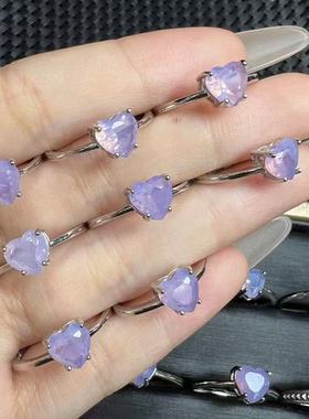 好记水晶紫玉晶刻面爱心戒指s925银镶嵌简约百搭时尚精致感随机发