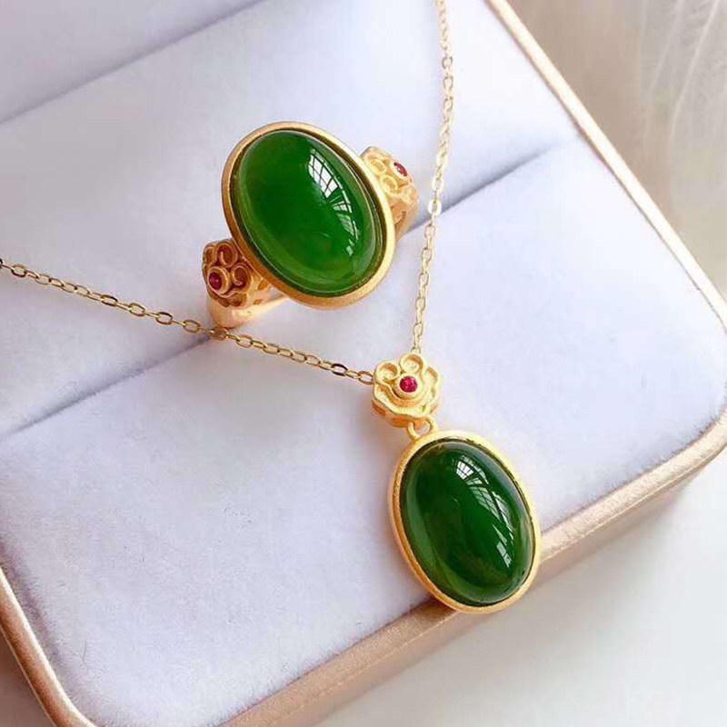 新品24k黄金色碧玉开口戒指女吊图片