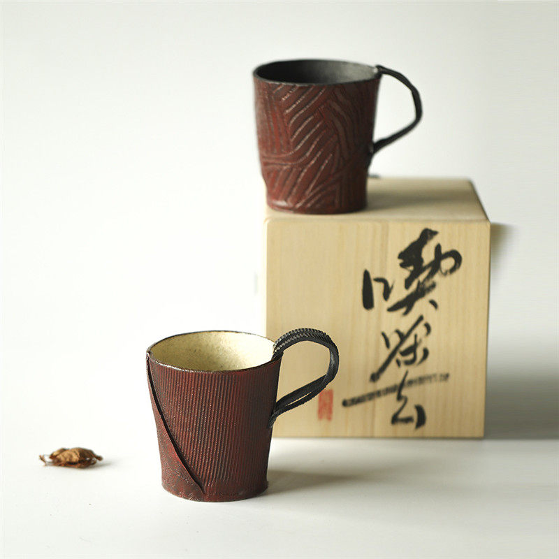 紫砂手作纹理咖啡杯茶杯拿铁粗陶景德镇创意马克杯故宫红复古水杯
