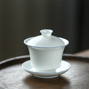景德镇手绘蓝边复古甜白三才盖碗茶杯家用茶具陶瓷泡茶器简约白瓷