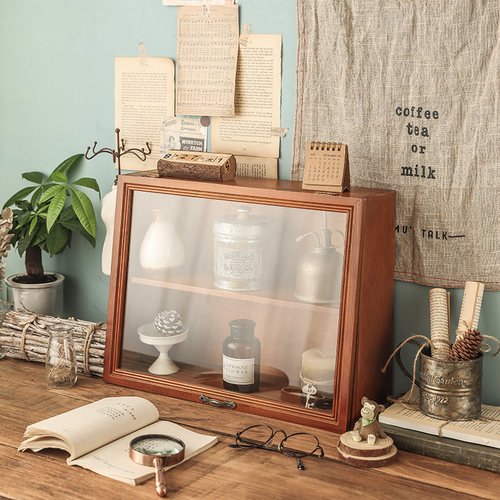 桌面收纳盒木质复古梳妆台玻璃