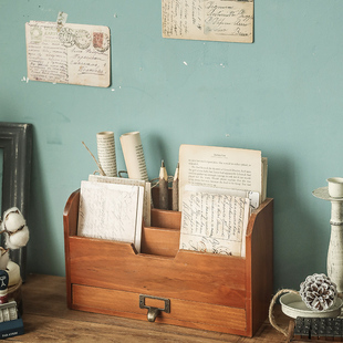 zakka收纳盒学生桌上文具书本办公桌文件夹手账复古木质置物架子