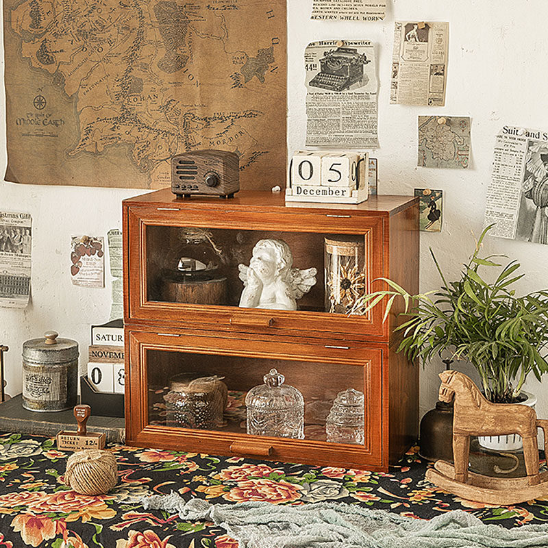 玻璃展示柜复古木质茶具杯子防尘整理茶杯收纳盒收纳柜桌面化妆品