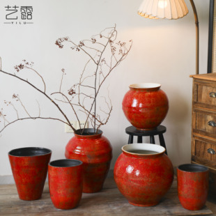 景德镇新中式禅意石榴红色粗陶罐大口径花盆复古干支水培陶瓷摆件