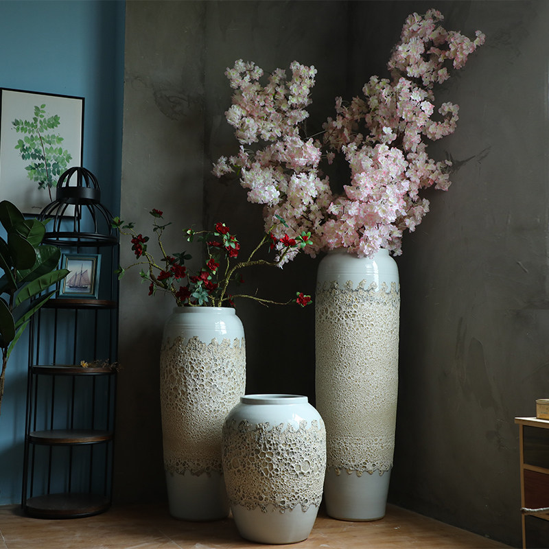 陶罐现代简约欧式白色陶瓷花器客厅玄关插花落地大花瓶粗陶组合摆