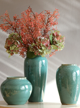 景德镇客厅中式装饰陶瓷小绿色花瓶摆件复古陶罐粗陶鲜花水培花瓶